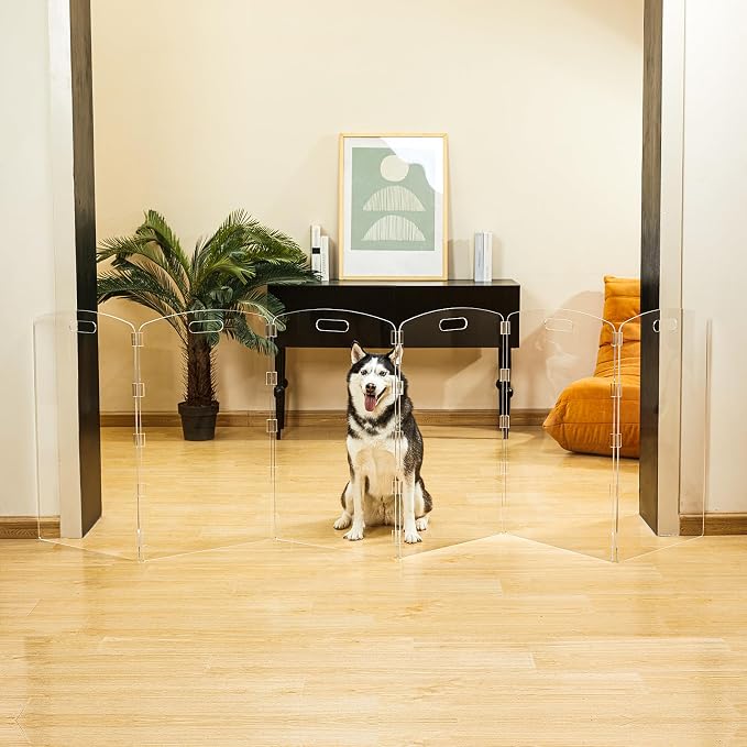 Modern Frame Clear Acrylic Freestanding Dog Gate - 32" Tall Extra-Wide Folding 6-Panel Pet Barrier for Doorways, Stairs & Large Openings, Indoor Fence for Small to Large Dogs & Cats