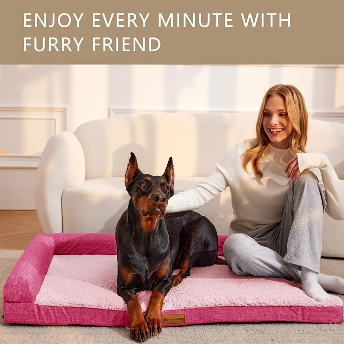 Patas Lague Orthopedic XL Dog Bed Large Sized Dog 48''X30'', Waterproof L Bolster Big Large Pet Sofa Beds with Removable Washable Cover, Soft Pet Couch Crate Mat with Nonskid Bottom, Pink