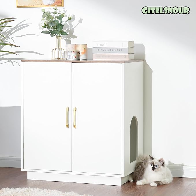 Gitelsnour Litter Box Enclosure, 30.9'' High Large Litter Box Furniture, Modern Cat Litter Box Enclosurewith Hidden Storage, Side Table, End Table, White and Brown GCLB003WWB