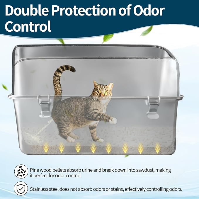 Stainless Steel Cat Litter Box, 23.6" L x 15.7" W x 12" H Extra Large XXL Semi Enclosed Removable Metal Litter Box with High Sided Enclosure, Scoop, Non-Sticky, Easy Cleaning
