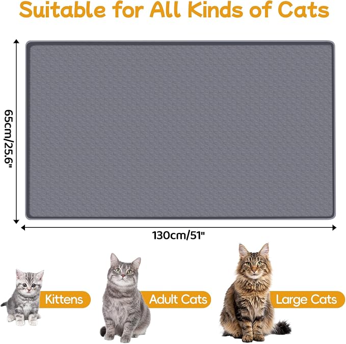 Cat Food Mat, 51" x 26" Large Silicone Mat Cat Feeding Mat with Raised Edge Non-Slip Pet Feeding Mat for Food and Water Bowl, Easy to Clean, Floor Protection (Gray)