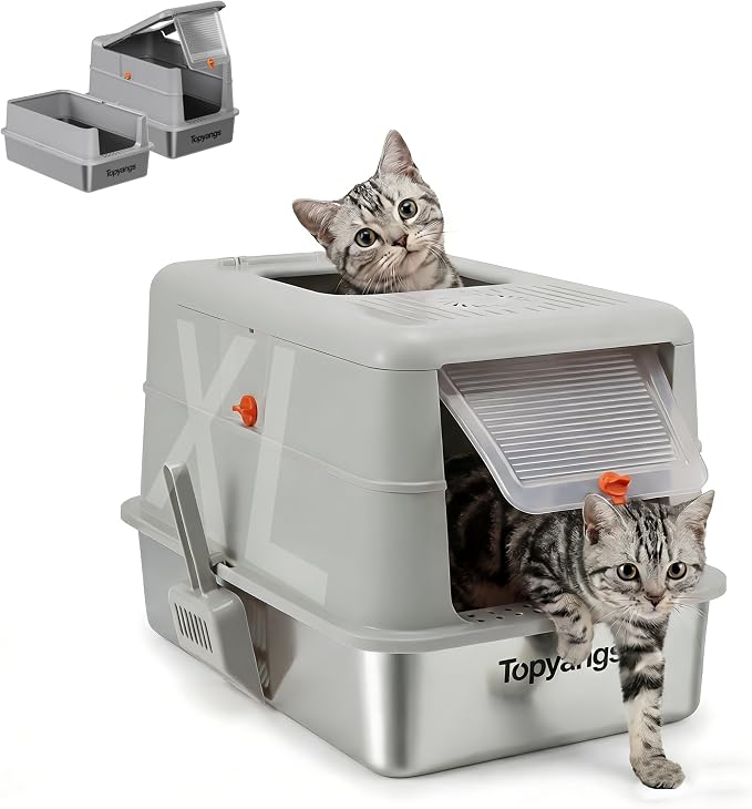 Stainless Steel Cat Litter Box, Enclosed Odor Control Extra Large Metal Litter Box with Lid, 135° Flip-Top Covered Design, Leak-Proof High Sided Box for Large Cats & Multi-Cat Homes, Gray