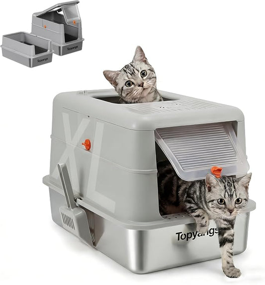 Stainless Steel Cat Litter Box, Enclosed Odor Control Extra Large Metal Litter Box with Lid, 135° Flip-Top Covered Design, Leak-Proof High Sided Box for Large Cats & Multi-Cat Homes, Gray