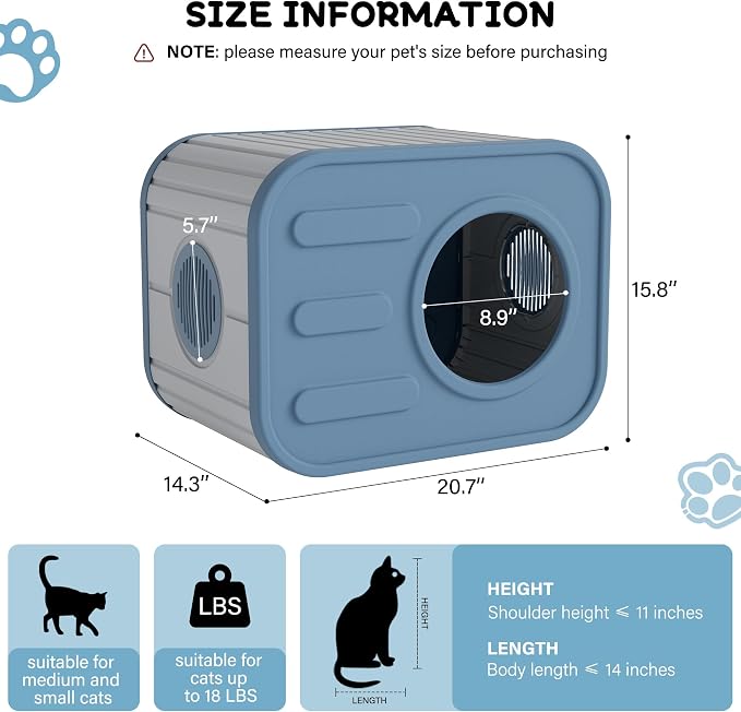 NUNU LAB Cat Litter Box Enclosure, Plastic Cat House Outdoor, Cats House for Indoor, Weatherproof Cat House, Camera Shaped Design, with Escape Door, for Small to Medium Cats (Blue)