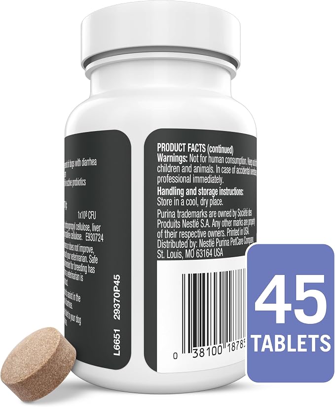 Pro Plan Veterinary Diets FortiFlora Chewable Probiotic Tablets for Dogs and Puppies, Digestive Health Support for Occasional Diarrhea Management, 45-Count