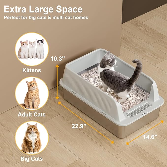 TENTIZON Stainless Steel Cat Litter Box, XL Large Metal Kitty Litterbox with High Side Lids, Litter Mat, Scooper for Big Cats, Kittens, No Odor, No Mess, Leak Proof, Easy Clean, Non Stick