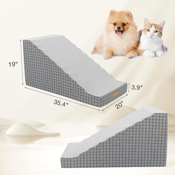 19" Pets Ramp for High Beds, Small Dogs & Senior Cats - Non-Slip Texture & Machine Washable Cover - Supportive Foam for Joint Comfort, Easy Climb for Couch, Sofa, Furniture (Gery-L)