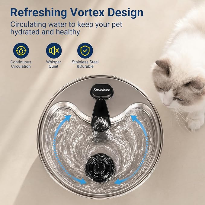 304 Stainless Steel Cat Water Fountain, 118oz/3.5L Cat Fountain with Ultra-Quiet Pump, Water Level Window, Smart Pump Protection, Automatic Cat Water Dispenser Includes 4 Replacement Filters