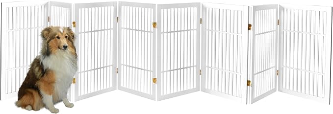 Urnporium Pet Dog Gate Freestanding, Strong Durable Folding Wooden Fence, Portable Acacia Hardwood Safety Barrier for Indoor & Outdoor Use (White Pet Gate, 8 Panel 30" Tall)