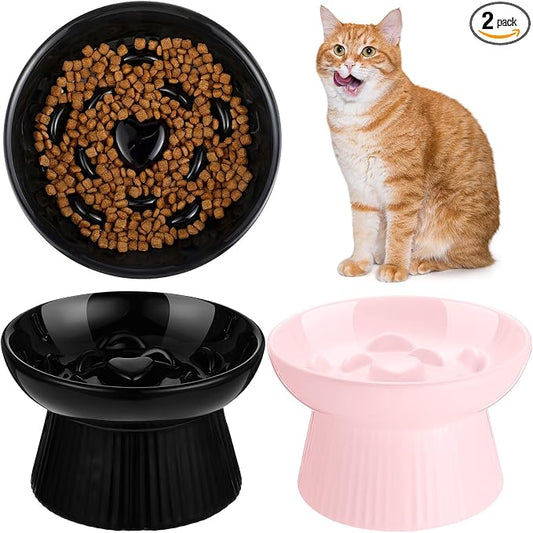 Tioncy 2 Pcs Raised Cat Slow Feeder Bowl Ceramic Elevated Cat Dog Food Bowl No Spill High Edge for Dry Wet Food and Water Easy to Clean, Dishwasher Safe (Black,Pink)