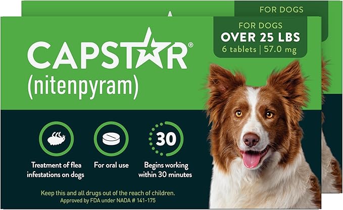 Capstar for Dogs (nitenpyram), Fast-Acting Oral Flea Treatment for Dogs Over 25+ lbs, Vet-Recommended Flea Medication Tablets Start Killing in 30 Minutes, 12 Doses (Includes Two 6-Count Boxes)