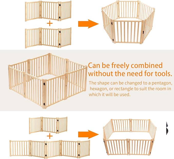 YOCAN Non-Painted Wooden Freestanding Dog Gates for The House,Doorways, Stairs,Wood Dog Fences Indoor Pet Gate,Step Over Fence-3 Panels L:69" H:16.9"