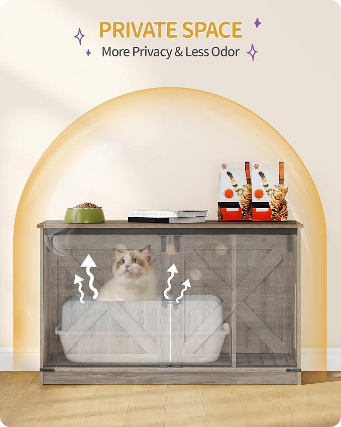 Hzuaneri Cat Litter Box Enclosure with Cushion, Hidden Litter Box Furniture with Removable Dividers, Reversible Entrance Left or Right Side, Cat House, Greige CB84705X