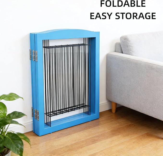 ZJSF Freestanding Dog Fence Indoor, Foldable Dog Gate for Doorways, Stairs or Hallways, Sturdy Wood Extra Wide Pet Gate with Support Feet for The House, Blue, 24 "Height-6 Panels
