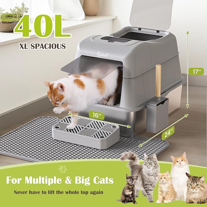 Rywell Stainless Steel Litter Box with Lid XL,120° Flip Cover Stainless Steel Litter Box with Litter Scoop and Litter Mat, Odor Control,Anti-Leakage, Non-Stick, Easy to Clean