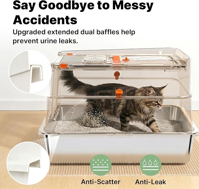 Stainless Steel Litter Box with Flip Lid, XL Extra Large Cat Litter Box with High Sided Top Entry Design, Anti-Leakage Enclosed Metal Litterbox for Big Cats, with Handle, Mat, Pedal & Scoop, Beige