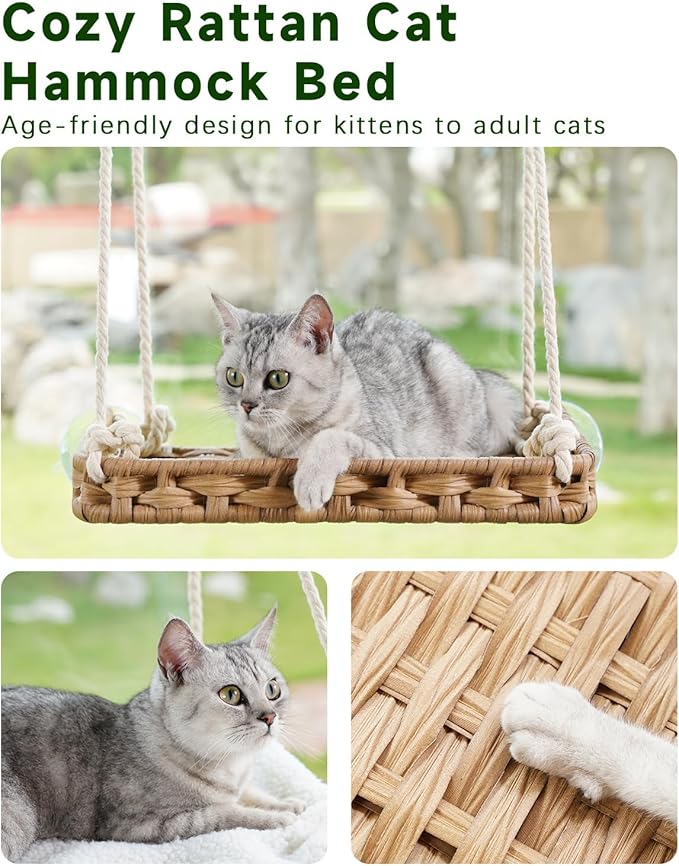 SETVSON Cat Window Perch 2 Pack,Cat Window Hammock Bed for Indoor Cats,Large Handwoven PE Rattan Window Seat,4 Suction Cups,Double Sided Washable Cushion Bed,2.3 Inch Fence Shelf, Pet Kittens Natural
