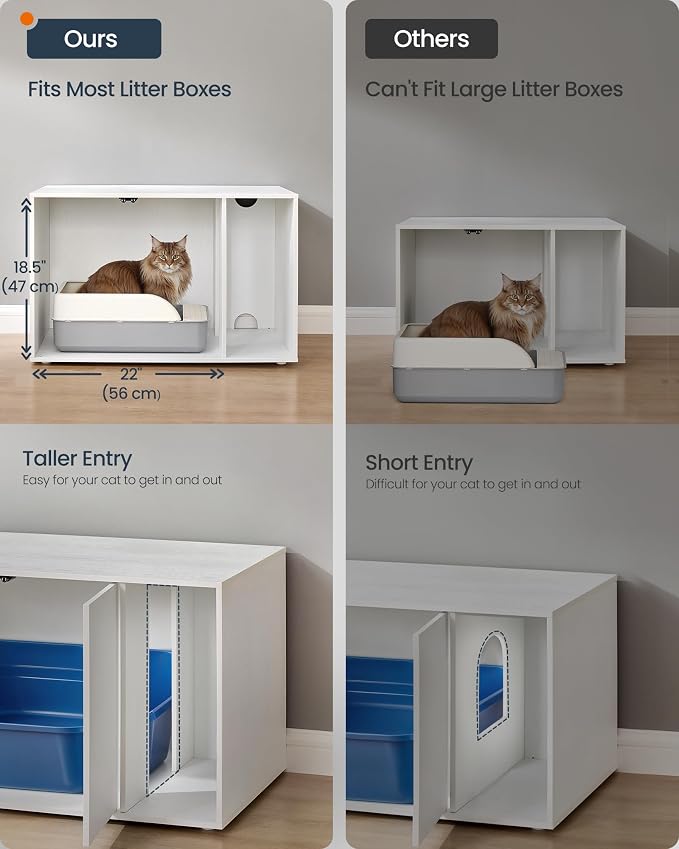 SONGMICS HOME Cat Litter Box Enclosure, Snapsemble Superfast Assembly, Litter Box Furniture for Large Cats, Display Side Table, Push-to-Open Doors, Minimalist Modern, Snow White UPCL013W01