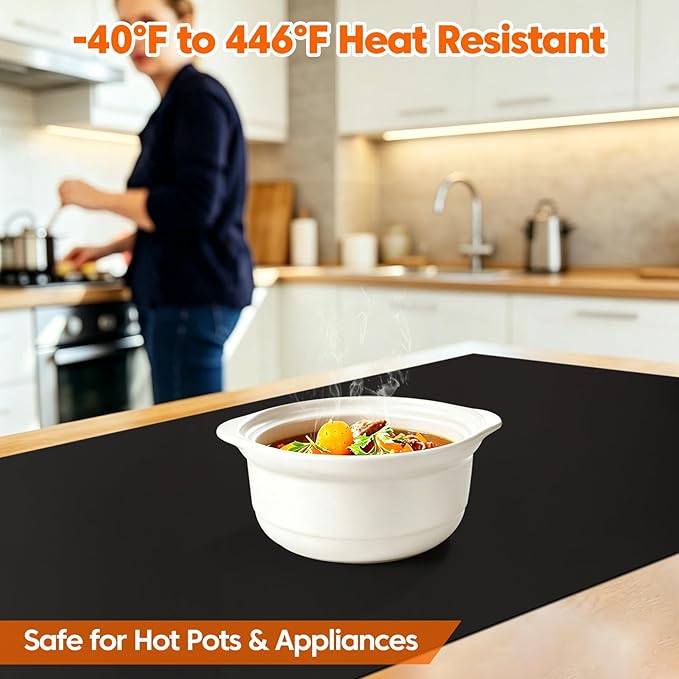 120" x 20" Silicone Countertop Protector Mat, Heat Resistant Kitchen Counter Mat, Waterproof Non-Slip Silicone Surface Protector for Kitchen Counters, Food Prep, Coffee Maker & Appliances, Black