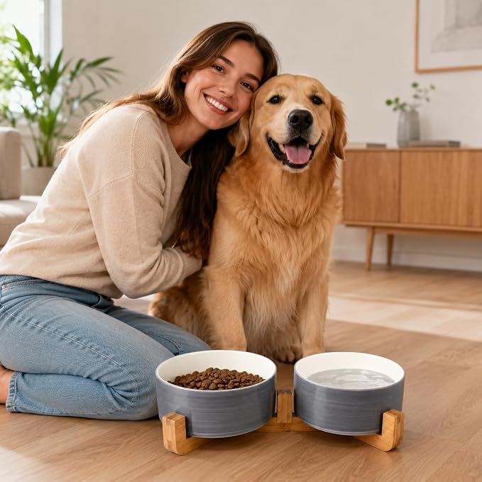 Petygooing Dog Bowls,Ceramic Cat Dog Bowl Set with Wood Stand for Food and Water,Non-Slip Weighted Cute Pet Dish Set for Cats and Medium Size Dogs (28OZ/6.1 in) Grey White