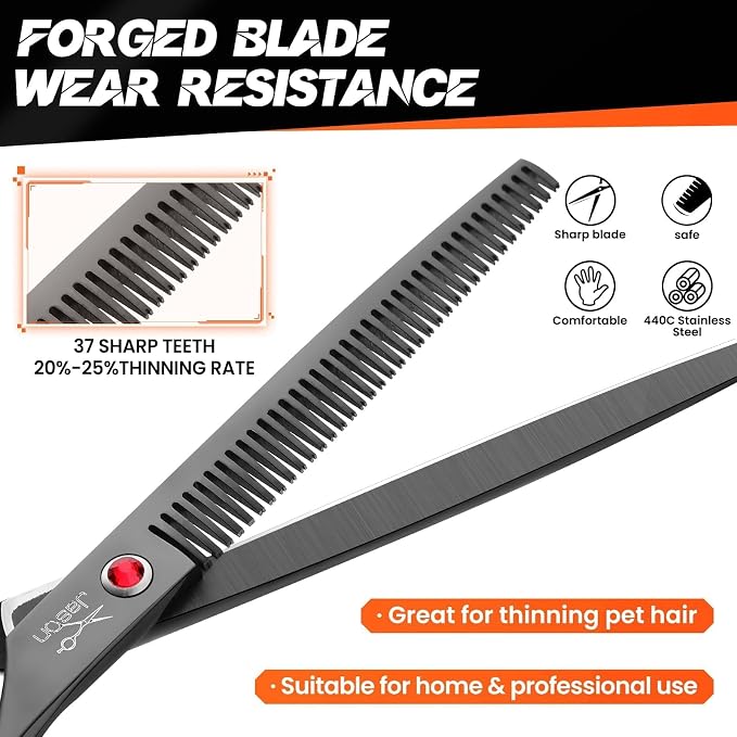 JASON 7" Dog Grooming Scissor - Professional Thinning Shear with 37 Teeth Japanese Stainless Steel Blender Scissors for Dogs, Cats and Other Pets (Thinning, Black) Christmas Gift