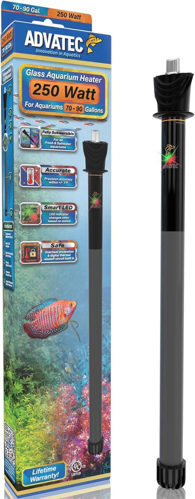 Glass Aquarium Heaters with Advanced LED Temperature Control System - for Fresh & Saltwater Aquariums (250 Watts / 70-90 Gallons)