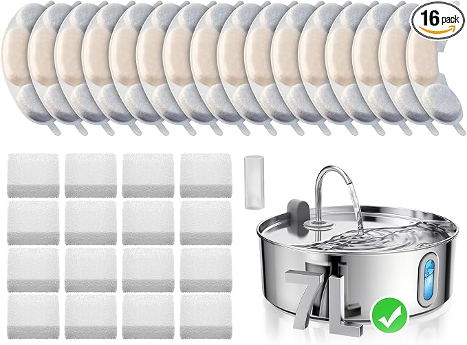 Smartoo Official 16 Packs Dog Water Filter Replacement and 16 Sponges with 1 Pump Holder for 7L/236oz/1.8Gal Stainless Steel Dog Water Fountain