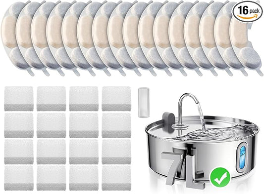 Smartoo Official 16 Packs Dog Water Filter Replacement and 16 Sponges with 1 Pump Holder for 7L/236oz/1.8Gal Stainless Steel Dog Water Fountain