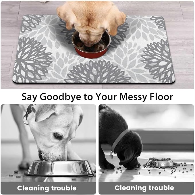 Dog Food Mats for Floors, Absorbent and Quick-Drying Pet Cat Food Mat,Anti-Fouling and Easy-to-Clean Pet Feeding Mat,Dog Bowl Mat for Messy Drinking Water Bowls.17x27, Bohemia Dahlia Floral Style