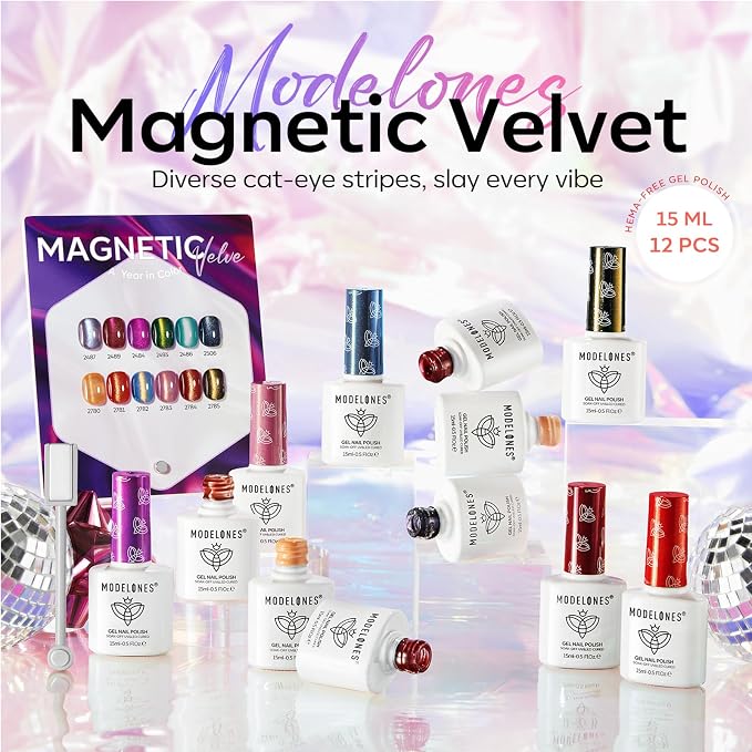 modelones 12Pcs 15ML Cat Eye Gel Nail Polish Set, Same Color Same Bottle Summer Green Blue Yellow Pink Red Purple Cateye Gel Polish Set with Magnet Sparkle Series Hema-free Gel Polish Kit Nail Art