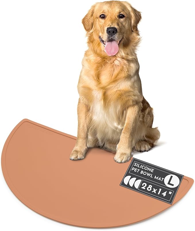 Should We Go? Waterproof Silicone Dog Food Mat – Large Size Non-Slip Pet Bowl Mat, Raised Edge Design, Easy-to-Clean Pet Food Placemat for Dog & Cat Bowls, 28" Across x 14" Deep - Terracotta