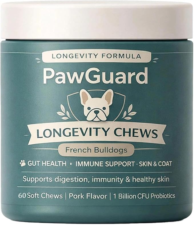 PawGuard French Bulldog Longevity Chews, Breed-Specific Soft Chews for Digestive Health & Immune Support with Probiotics & Digestive Enzymes, Plus Glucosamine & Chondroitin for Joint Support