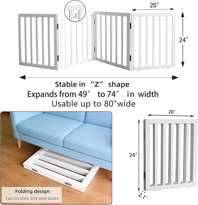 Dog Gate Indoor, Freestanding Dog Fence for The House, Doorways, Hallways,or Stairs,Pet Gate Foldable Wooden,Expandable 24" Height 4 Panels,White