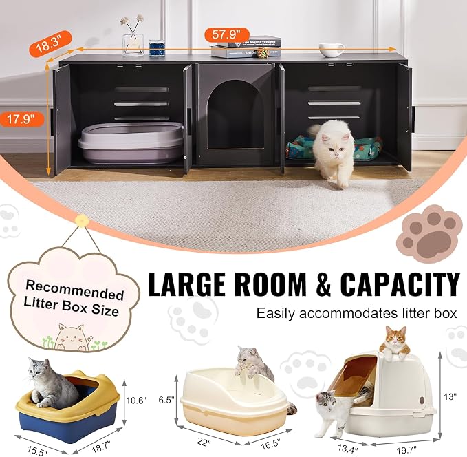 VEVOR Cat Litter Box Enclosure for 2 Cats, Litter Box Furniture Hidden with Double Rooms, Wooden Cat Box Cabinet Fit Most of Litter Box