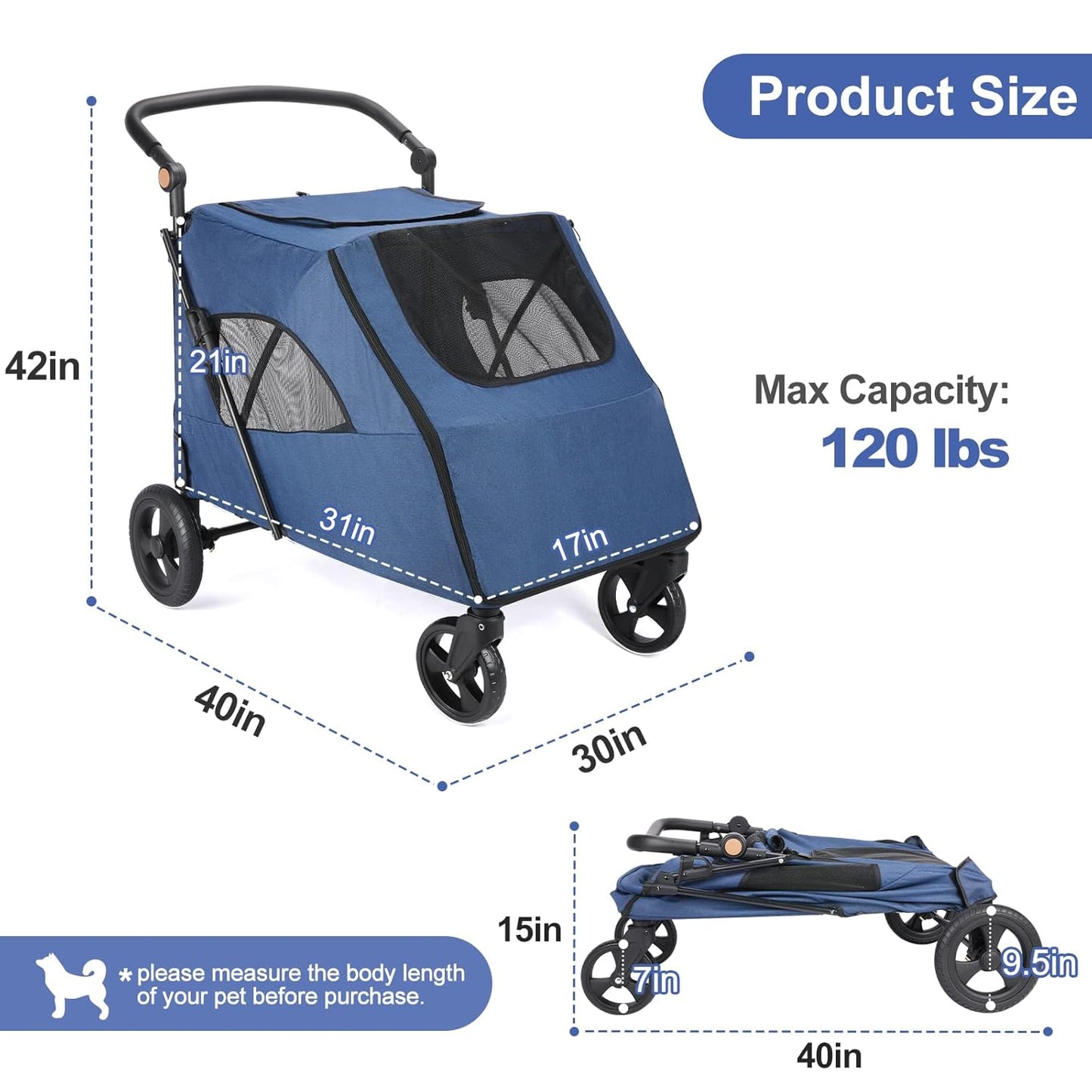 Large Dog Travel Stroller with 4 Heavy Duty Wheels Pet Stroller with Adjustable Handle - Double Doggie Capacity Jogger Wagon with Back Front Door for Small Medium Large Dogs (Navy-C)