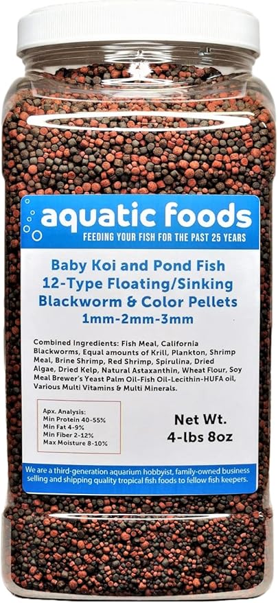 Koi & Pond Fish 12-Type Floating & Sinking 1mm, 2mm, 3mm Blackworm & Intense Coloring Pellets for Baby and Juvenile Koi…4-lb 8oz Lg Jar