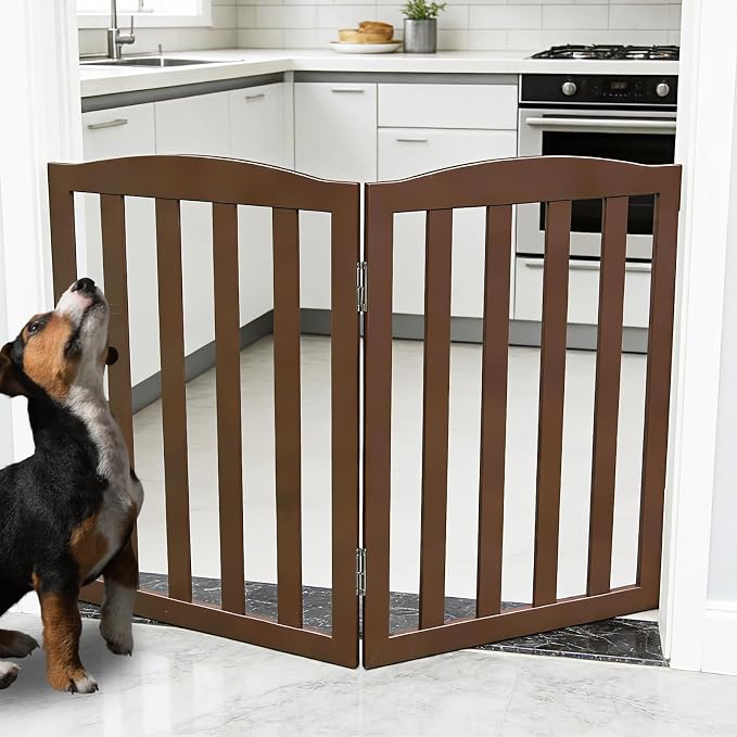 Freestanding Dog Gate Indoor,Doggie Gate Foldable Pet Gates for Doorways,Stairs or Hallways, Wooden Brown Pet Gate for the House, Pet Fence,24 "Height-2 Panels