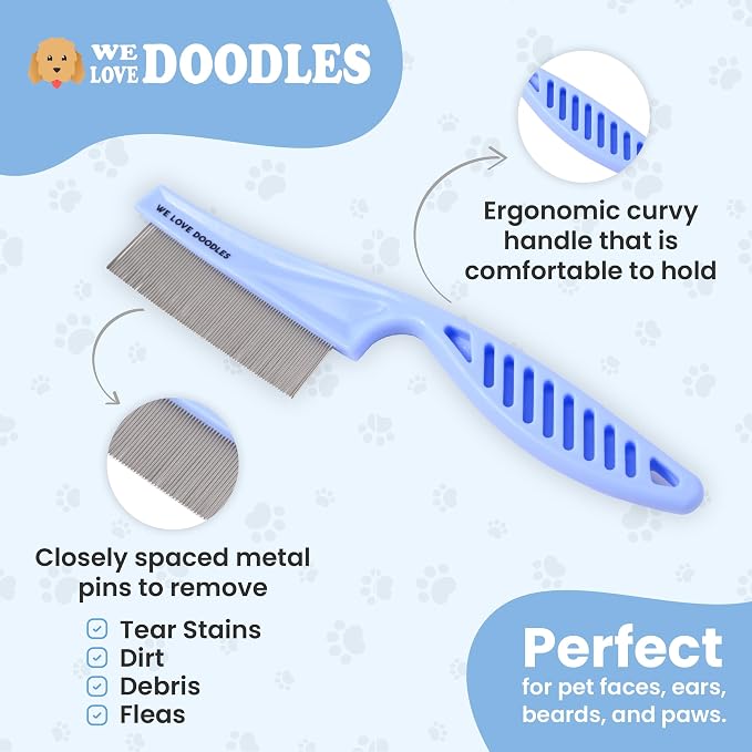 We Love Doodles Dog Eye Wipes & Dog Face Comb Bundle - Pre-Soaked Eye Wipes for Dogs, Tear Stain Remover for Dogs, Pet Eye Wipes, Dog Eye Cleaner, Flea Comb for Dogs, Fine Tooth, Removes Crust & Mucus