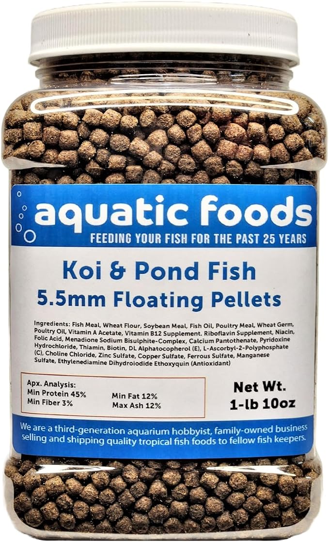 Koi and Pond Fish Pellet Food, 45% Protein 5.5mm Floating Koi Pond Pellets…1-lb 10oz Jar