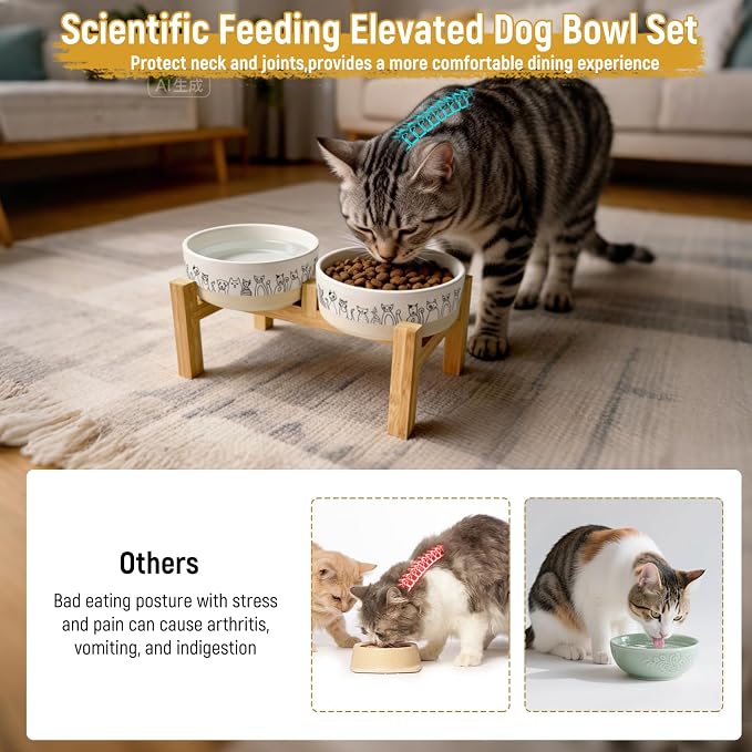 Elevated Ceramic Cat Bowls with Wooden Stand，6.1inch Raised Cat Bowls with Cute Pattern for Small and Medium Breed Dogs,2 Pack Cats Food and Water Bowl Set,Weighted Pet Dishes Dishwasher Safe