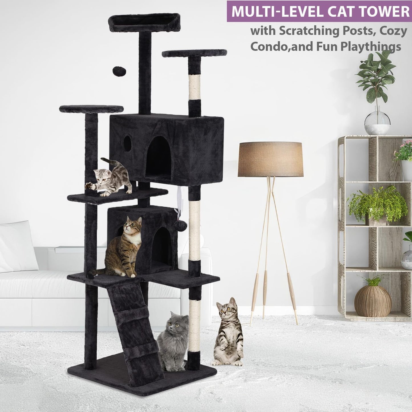 70 inches Cat Tower for Indoor Cats Multi-Level Cat Condos for XL Cat Tree Cat Climbing Tower with Scratching Posts, Hanging Toys,Dark Gray