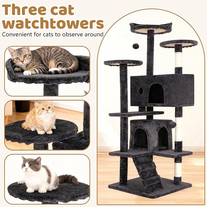 BestOffice 54 Inch Cat Tree, Multi-Level Cat Tower with Condo, Perches, Sisal Scratching Posts, Climbing Ladder,Indoor Activity Center Play House for Kittens & Adult Cats, Dark Gray