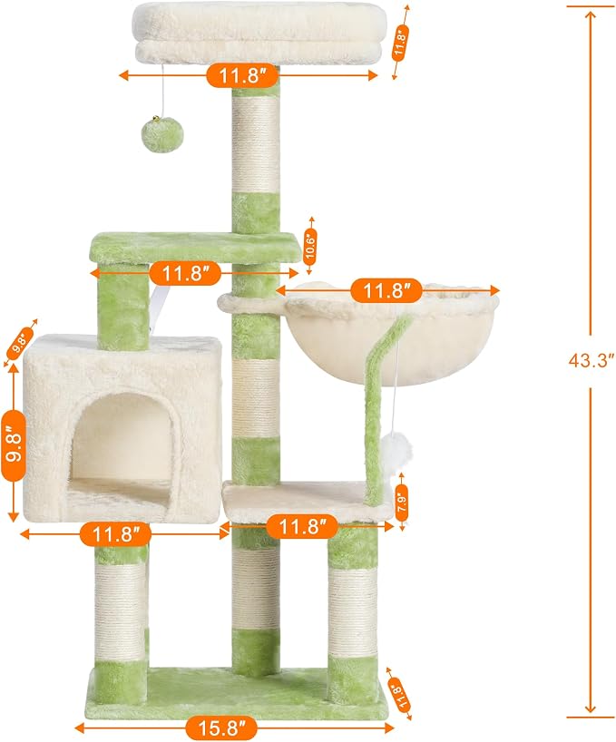 Heybly Cat Tree with Toy, Cat Tower condo for Indoor Cats, Cat House with Padded Plush Perch, Cozy Hammock and Sisal Scratching Posts, Green and Beige HCT004SGM