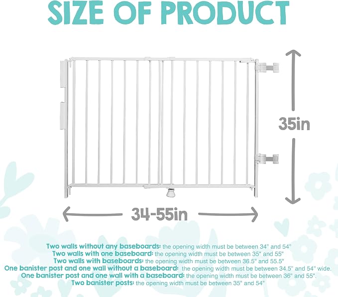 Regalo Safety 35" Extra Tall Baby Gate for Stairs, Hardware Mounted Wide Stair Gate, Fits 34"–55" Openings, Includes Wall & Banister Mounting Kit, White