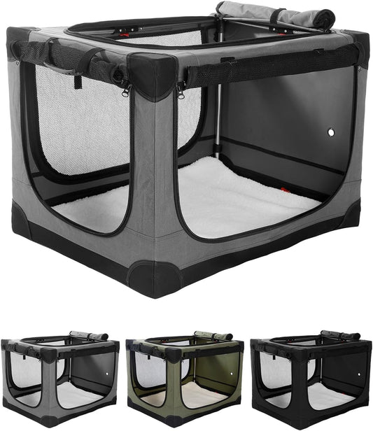 30 Inch Collapsible Travel Dog Crate for Medium Large Dogs, Portable Dog Crate 4-Door Foldable Soft Kennel with Durable Mesh Windows for Indoor & Outdoor Travel, with Storage Bag,Grey