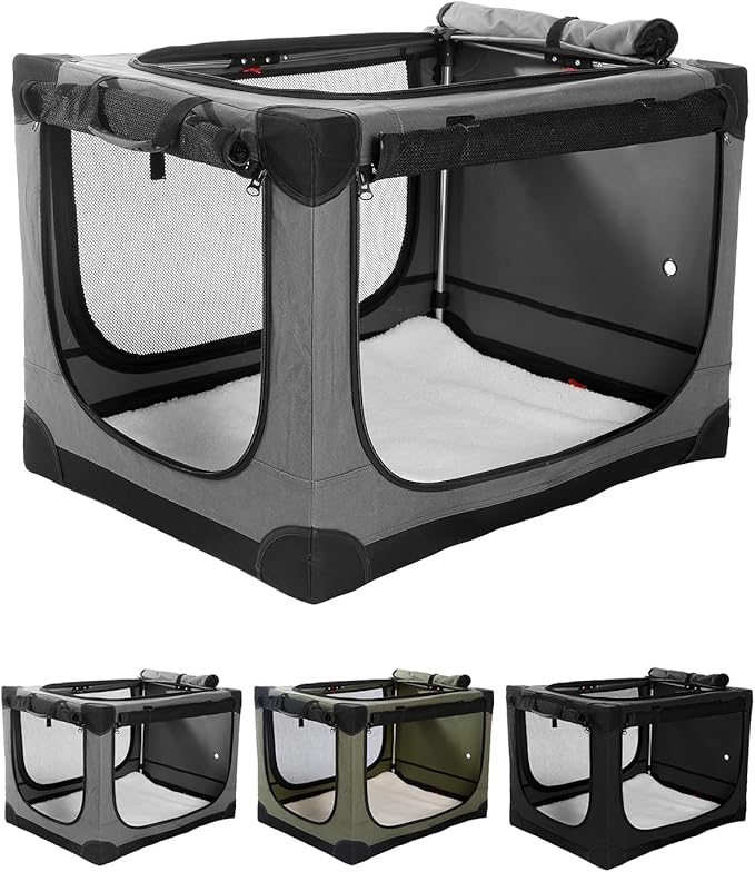 Veraste 33" L x 25" W x 25" H Collapsible Travel Dog Crate, Portable Soft Dog Kennel for Medium Large Dogs up to 60 lbs, 4-Door Foldable Travel Crate with Durable Mesh & Storage Bag, Grey