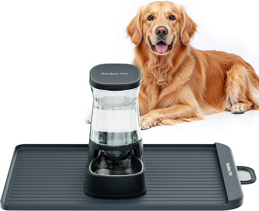 Gardner Pet Dog Water Stainless Steel Dispenser with Large Silicone Cat Food Water Mat for Floors Waterproof Anti-Slip