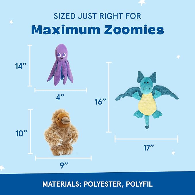Barkbox Best of BarkBox Bundle – Squeaky Dog Toys – Plush Chew Toys – Puppy and Pet Toys for Medium and Large Dogs – Gordon The Sloth, Dingbert The Dragon, and Ollie The Octopus