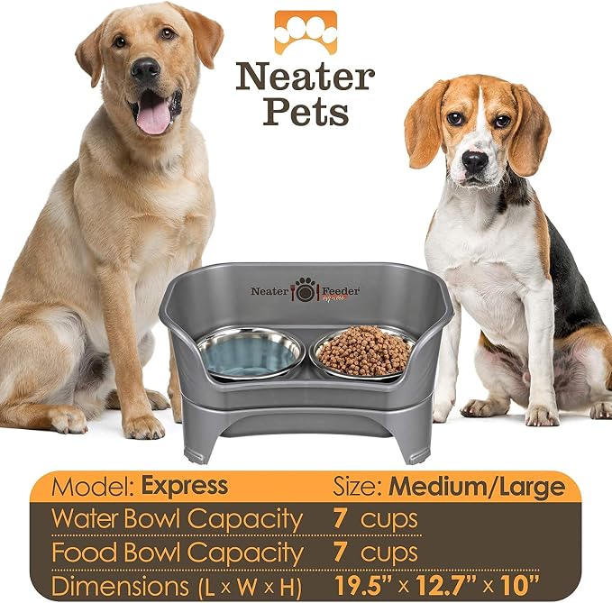 Neater Pets Neater Feeder Express Mess-Proof Slow Feed Bowl & Water Bowl with Neater Mat Waterproof Silicone Mat - Protect Floors from Food & Water, Gunmetal