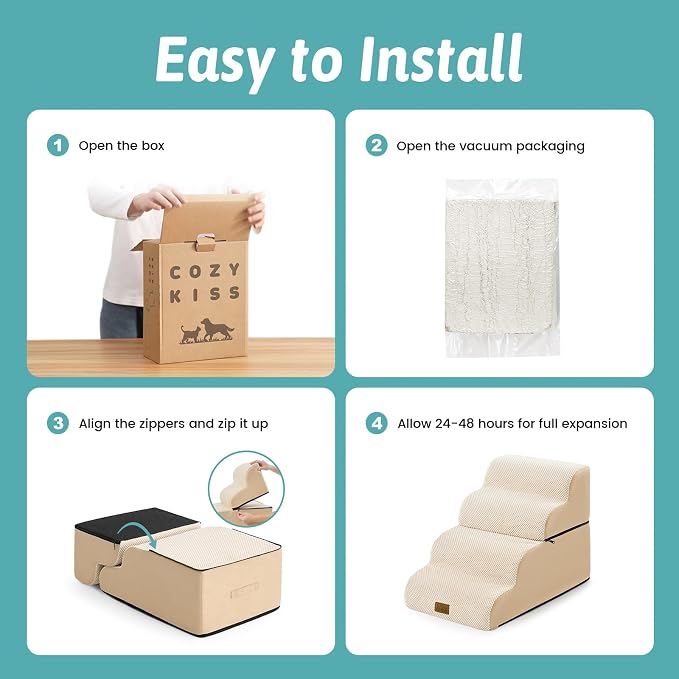 COZY KISS Detachable Dog Stairs for Small Dog, 4 Step Curved Dogs Step for Puppy or Older Cat, Ramp for Bed, Sofa, Couch or Chair, Ladder with High Density Foam, 15.7x28.3x19.7 inch, Beige